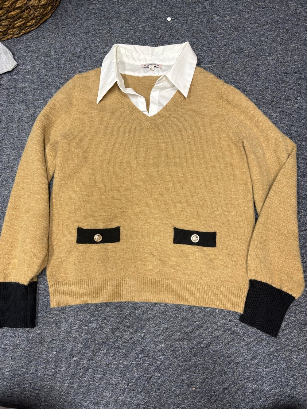 Nanette Lepore Camel V-Neck Sweater with Black Trim